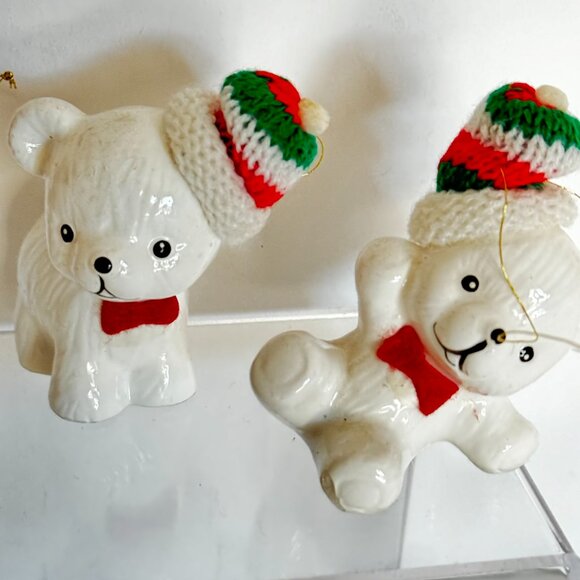 Vtg Snow Bear Ornaments 4 Porcelain Bears Knit Hats Bows Christmas Around the - Picture 6 of 16